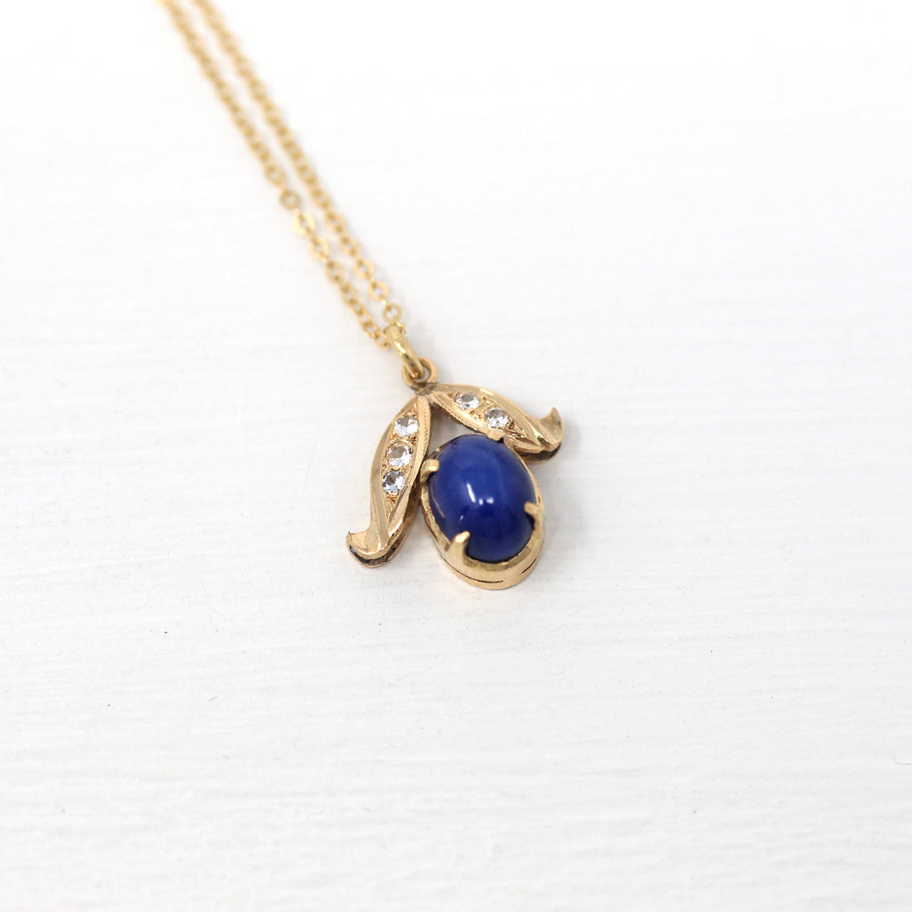 Created Star Sapphire Necklace - Retro 10k Yellow Gold 2 CT Blue Cabochon Stone - Vintage Circa 1970s Era Pendant Charm Fob Fine 70s Jewelry
