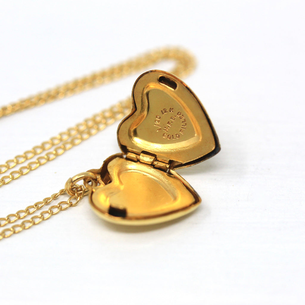 Vintage Heart Locket - Retro 12k Gold Filled Flower Children's Charm Pendant Necklace - Circa 1940s Era Photograph Keepsake HFB 40s Jewelry