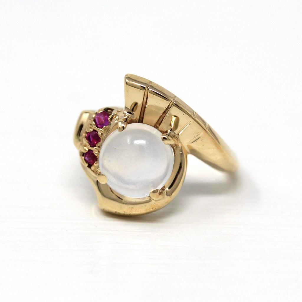 Moonstone & Created Ruby Ring - Retro 14k Yellow Gold Round Cabochon Cut 2.61 CT Gem - Vintage Circa 1940s Size 6 Statement Fine Jewelry