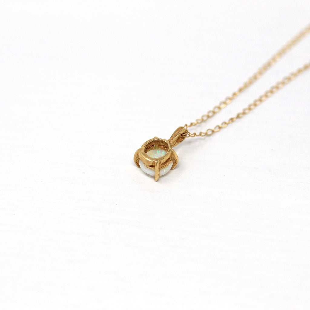 Genuine Opal Necklace - Retro 14k Yellow Gold Cabochon Cut .33 CT Gemstone Pendant - Vintage Circa 1970s Era October Birthstone Fine Jewelry