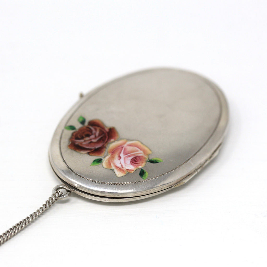 Antique Rose Locket - Edwardian 800 Silver Oval Statement Pendant Necklace - Vintage Circa 1910s Era Enamel Pink Flowers Keepsake Jewelry
