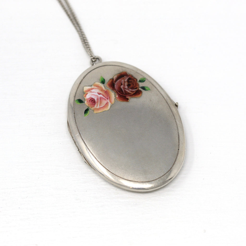 Antique Rose Locket - Edwardian 800 Silver Oval Statement Pendant Necklace - Vintage Circa 1910s Era Enamel Pink Flowers Keepsake Jewelry