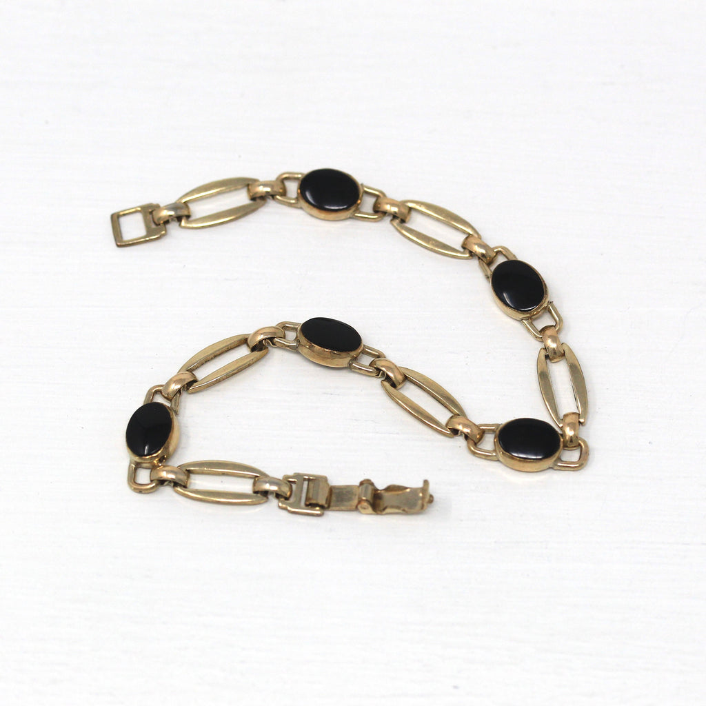 Vintage Onyx Bracelet - Retro 12k Gold Filled Genuine Oval Black Gemstones Panel - Circa 1960s Era 7 1/4 Inches Statement 60s Gem Jewelry