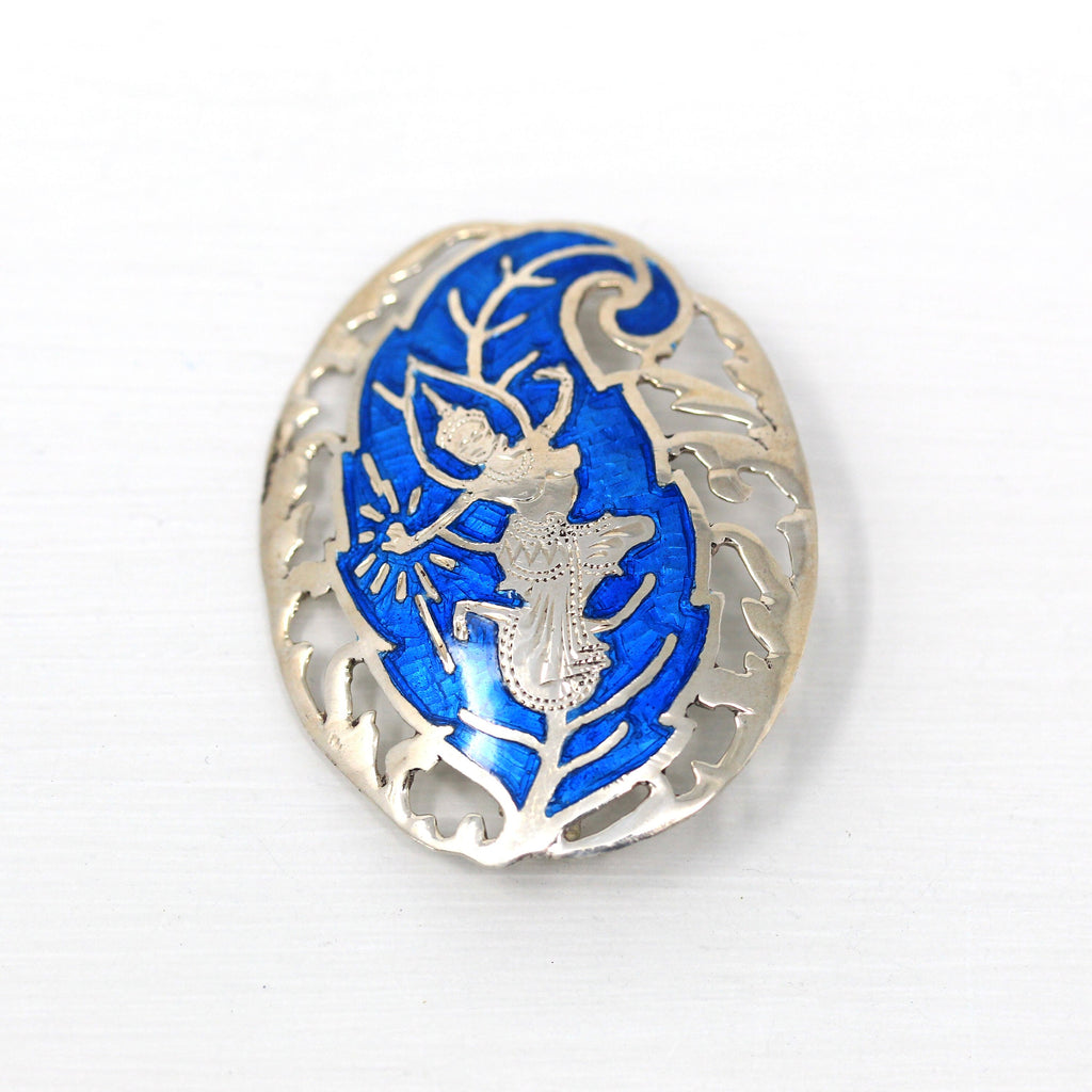 Vintage Siam Brooch - Retro Sterling Silver Thailand Blue Enamel Accessory Pin - Circa 1940s Era Mekkala Goddess Of Lightning Thai Jewelry