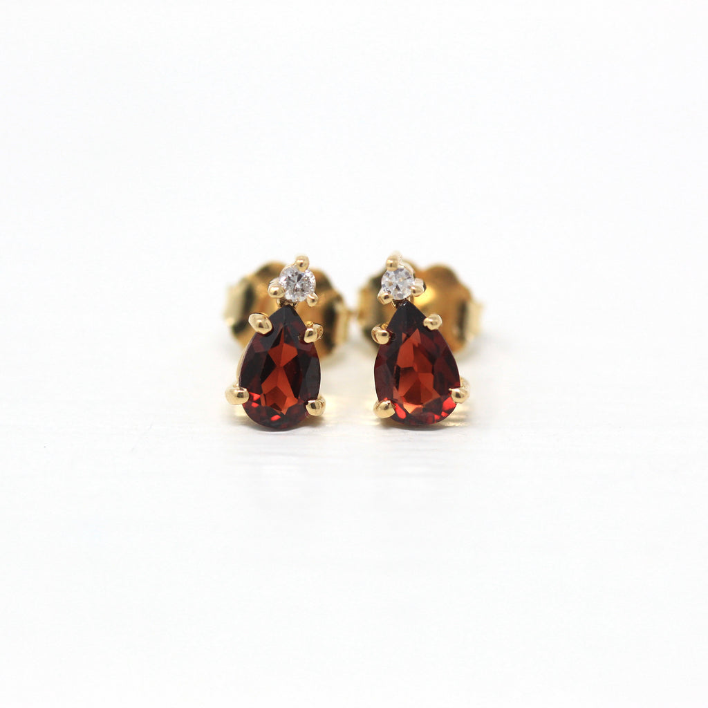 Garnet & Diamond Earrings - Estate 14k Yellow Gold Pear Cut Red Gemstones Push Back Studs - Modern Circa 1990s Era Pierced Fine 90s Jewelry
