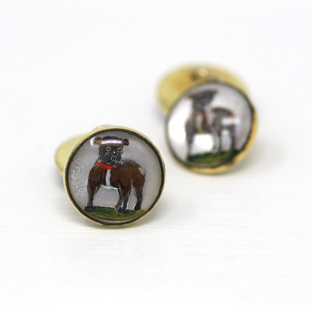 Vintage Dog Cufflinks - Double Sided Bull Dog Reverse Carved Painted Gold Tone Mother of Pearl Cuff Links - 1930s Era Men's Animal Jewelry