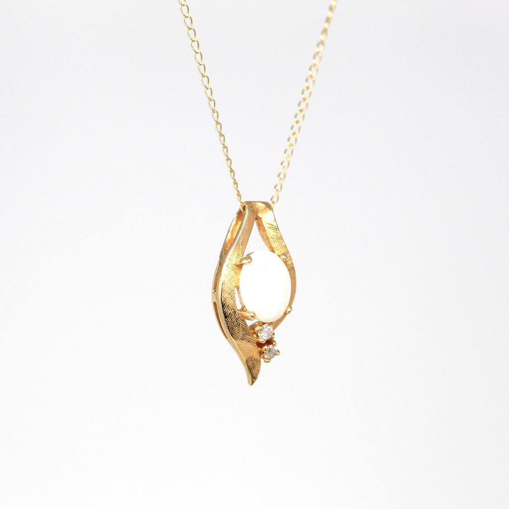 Opal & Diamond Necklace - Retro 14k Yellow Gold Cabochon Cut .67 CT Gemstone Pendant - Vintage Circa 1970s Era October Birthstone Jewelry