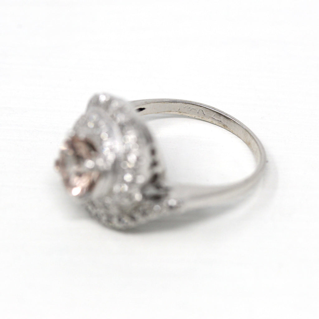Vintage Morganite Ring - 14k White Gold Light Pale Pink 1.12 CT Gemstone - Retro 1950s Size 6 3/4 Alternative Engagement Fine Halo Jewelry