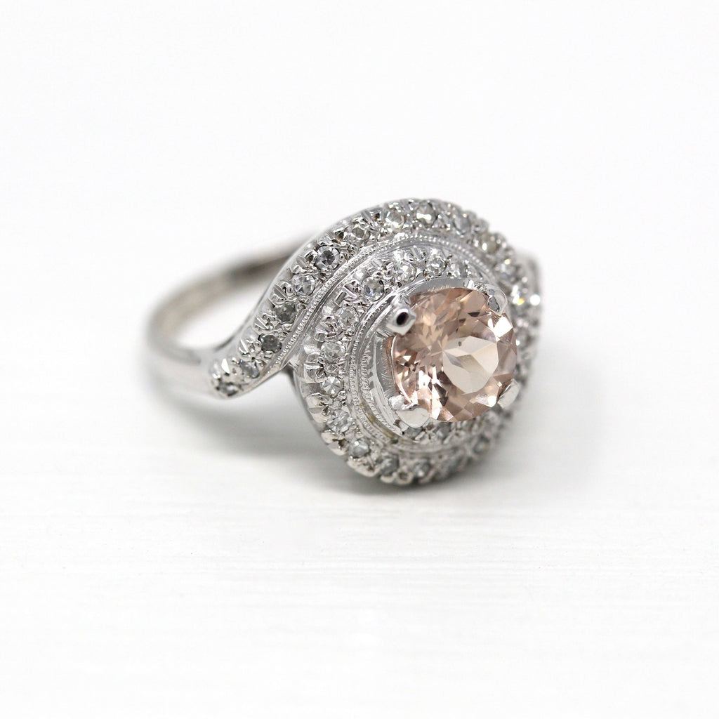 Vintage Morganite Ring - 14k White Gold Light Pale Pink 1.12 CT Gemstone - Retro 1950s Size 6 3/4 Alternative Engagement Fine Halo Jewelry