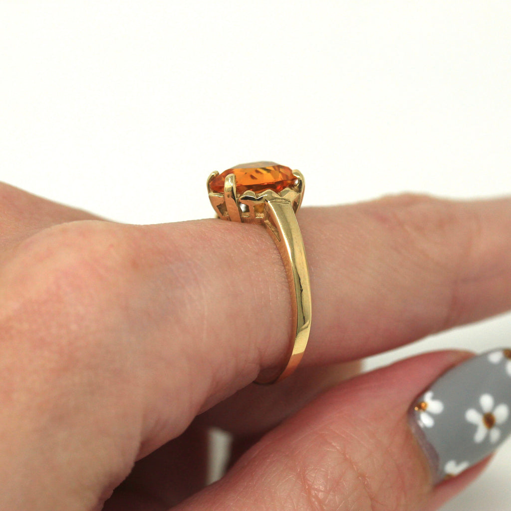 Created Orange Sapphire Ring - Retro 10k Yellow Gold Heart Fancy Cut Stone - Vintage Circa 1960s Era Size 7 1/2 Statement 60s Fine Jewelry