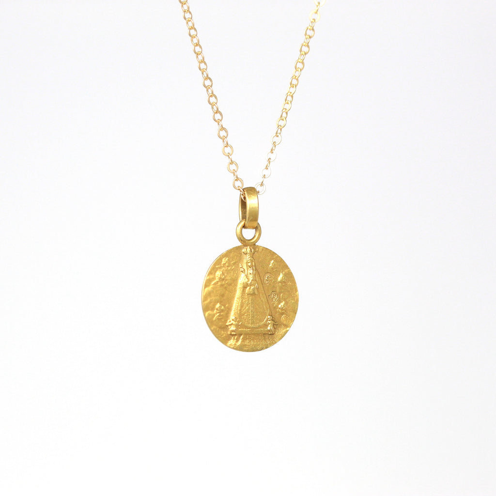 Our Lady Of Loreto Charm - Retro 18k Yellow Gold Religious Medal Pendant Necklace - Vintage Circa 1960s Virgin Mary Madonna Child Jewelry