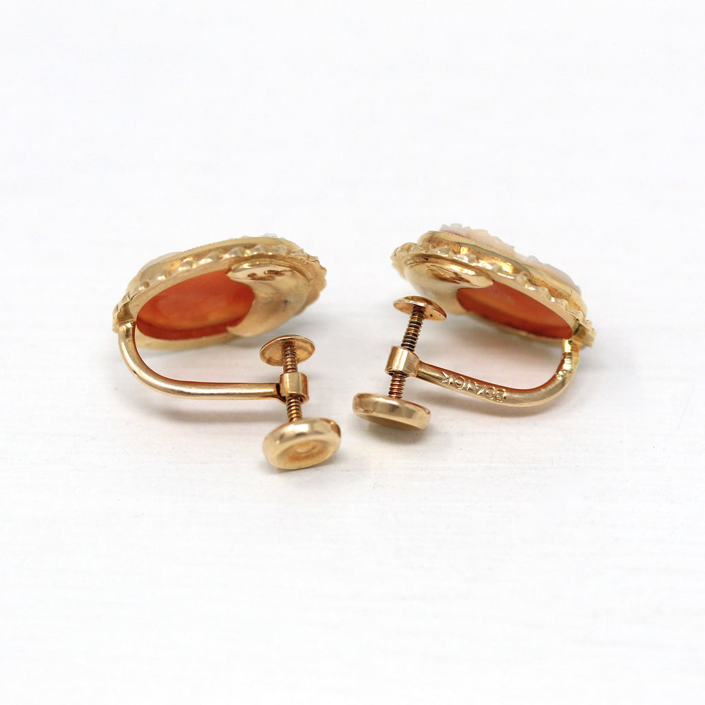 Vintage Cameo Earrings - Retro 10k Yellow Gold Oval Carved Shell Portrait Screw Backs - Circa 1940s Era Fashion Accessories BDA Fine Jewelry