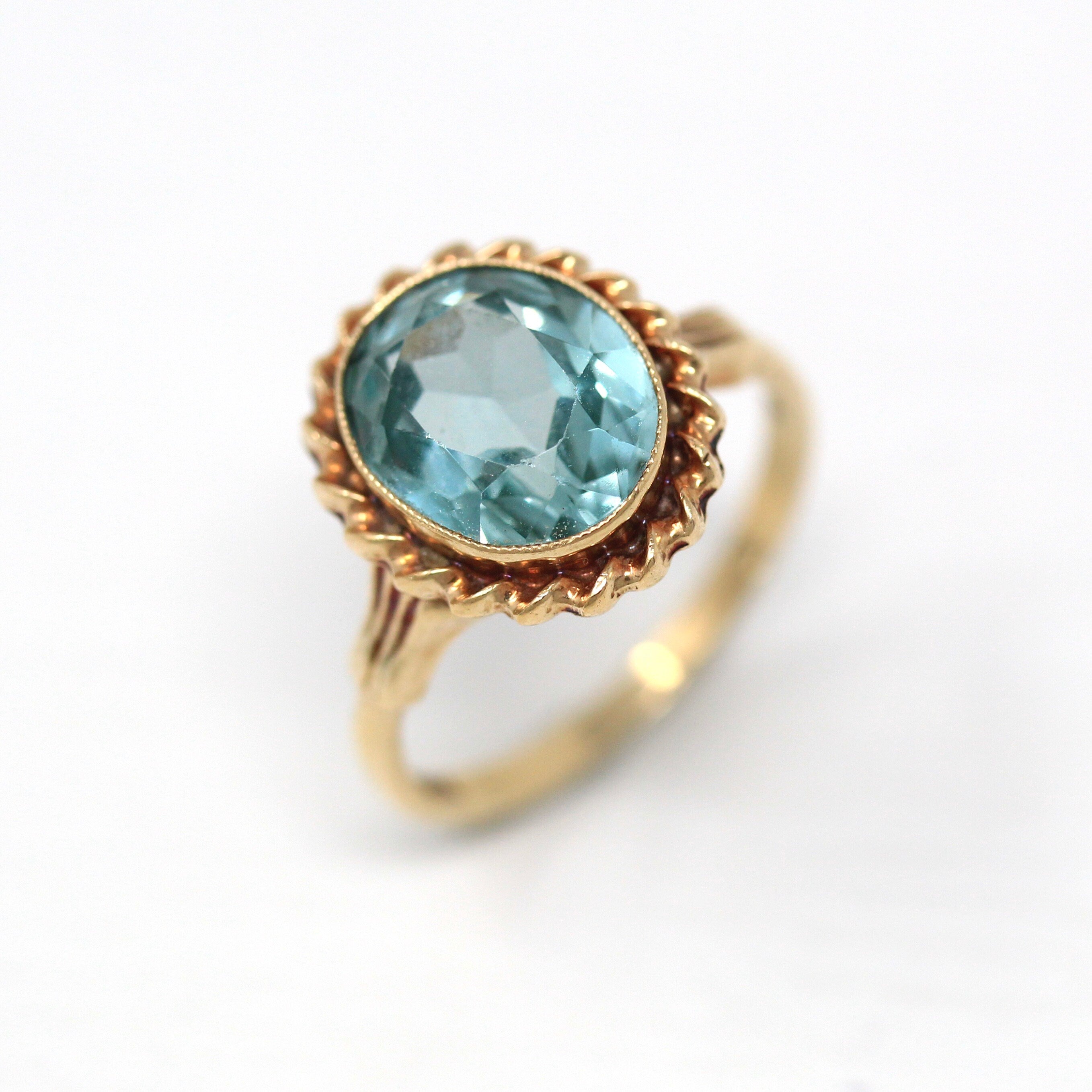 Created Spinel Ring - Retro 10k Yellow Gold Oval Faceted 3.28 CT Seafo ...