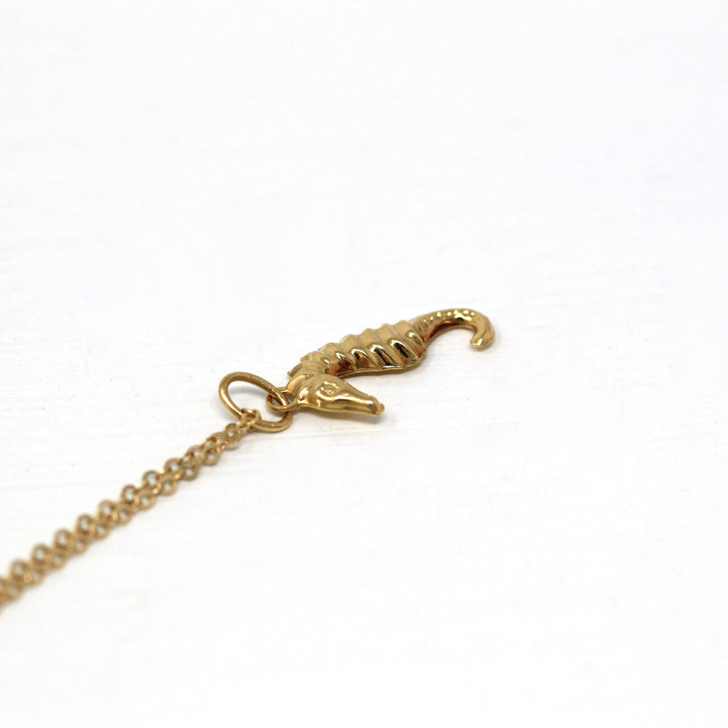 Estate Seahorse Charm - Modern 14k Yellow Gold Marine Fish Animal Pendant Necklace - Dainty Circa 2000's Era Aquatic Beach Sea Fine Jewelry