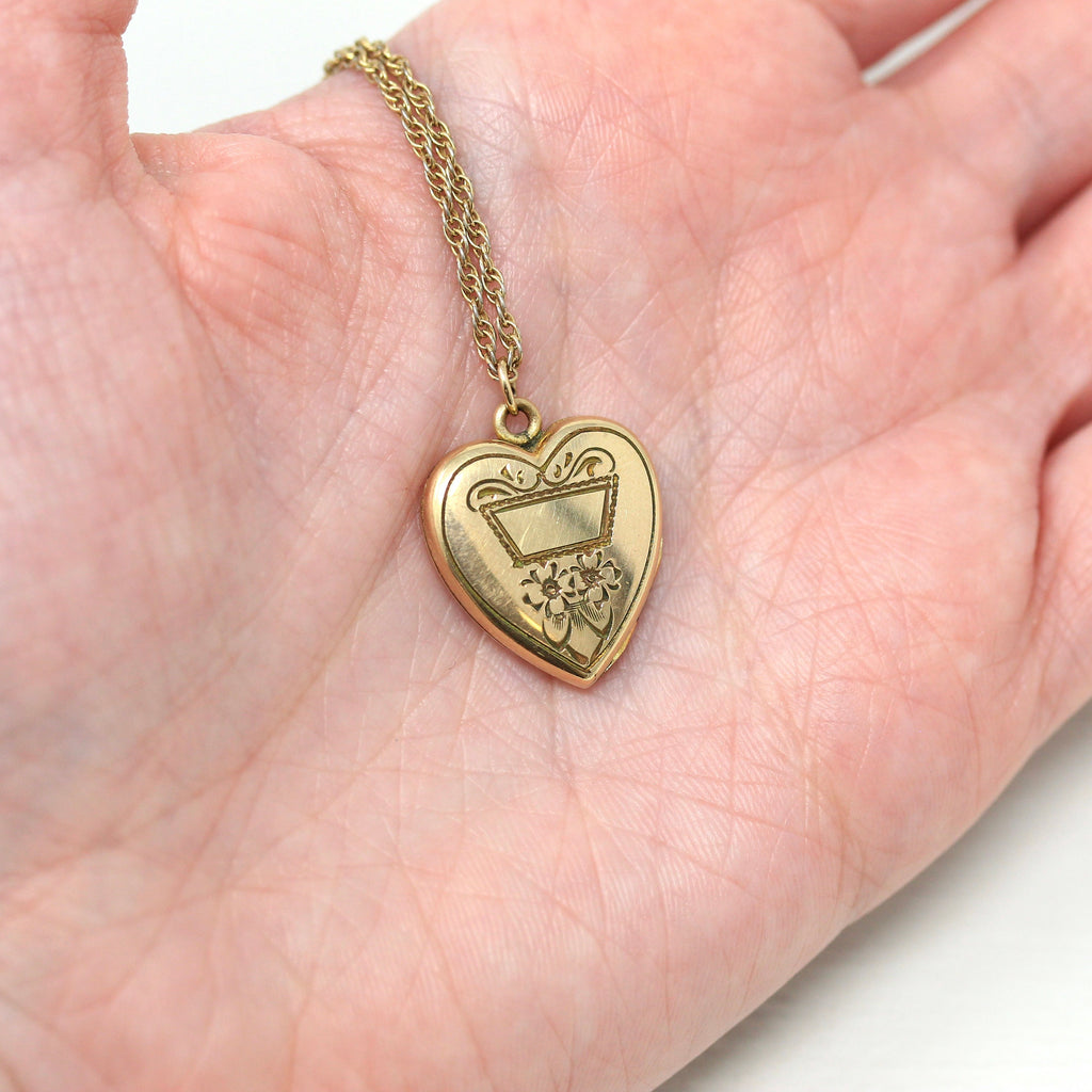 Vintage Heart Locket - Retro Gold Filled Engraved Flowers Designs Pendant Necklace - Circa 1940s Era Keepsake Photograph Charm 40s Jewelry