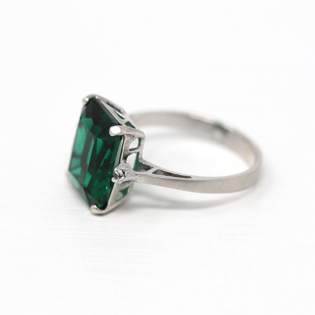 Simulated Emerald Ring - Vintage 10k White Gold Dark Green Faceted Glass Statement - Circa 1960s Size 5 1/2 May Birthstone Color 60s Jewelry