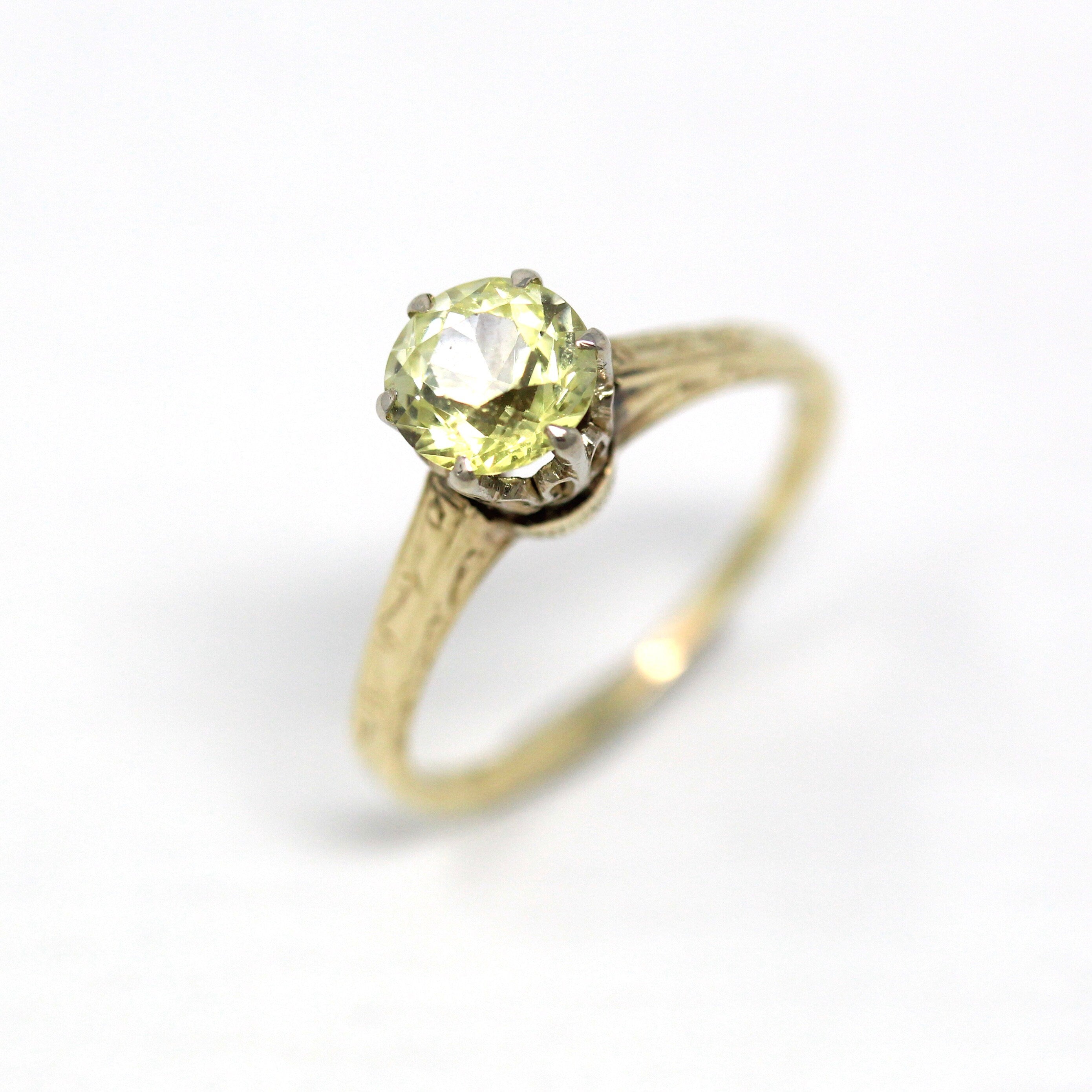 Vintage Engagement Ring - 14k Yellow & White Gold Created 1 CT Yellow Sapphire Solitaire - 1930s Size 5.25 Art Deco Fine Engagement Jewelry