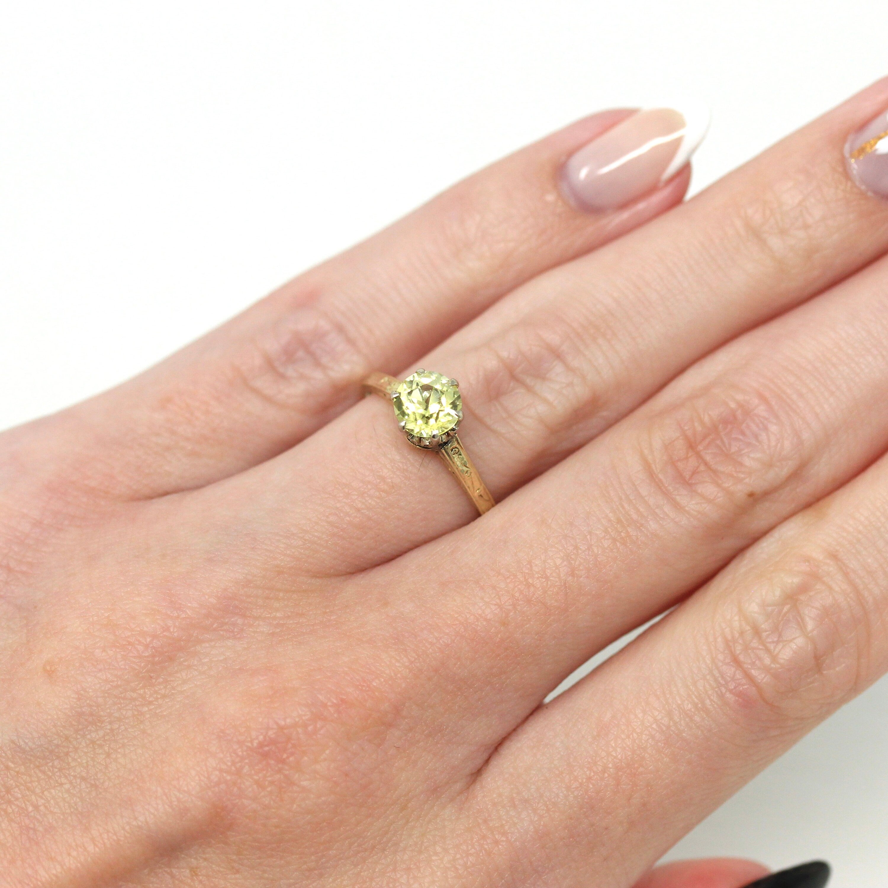 Vintage Engagement Ring - 14k Yellow & White Gold Created 1 CT Yellow Sapphire Solitaire - 1930s Size 5.25 Art Deco Fine Engagement Jewelry