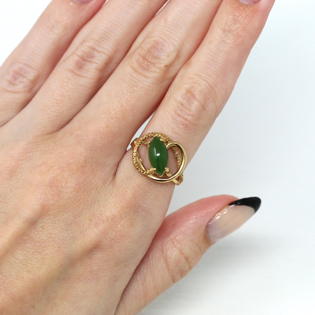 Nephrite Jade Ring - Retro 10k Yellow Gold Marquise Cut Genuine Green Gem 60s Statement - Vintage Circa 1960s Era Size 6 1/2 Fine Jewelry