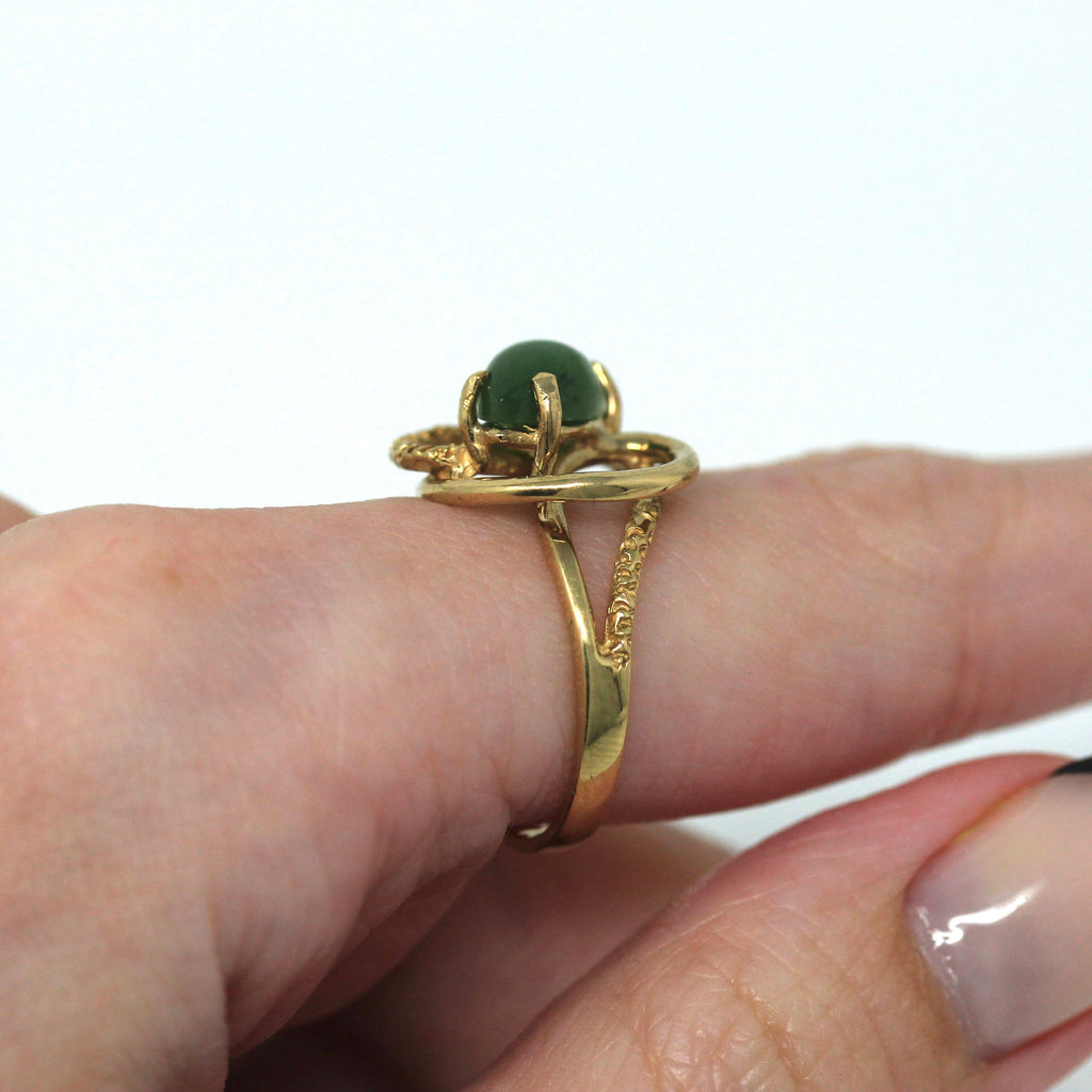 Nephrite Jade Ring - Retro 10k Yellow Gold Marquise Cut Genuine Green Gem 60s Statement - Vintage Circa 1960s Era Size 6 1/2 Fine Jewelry