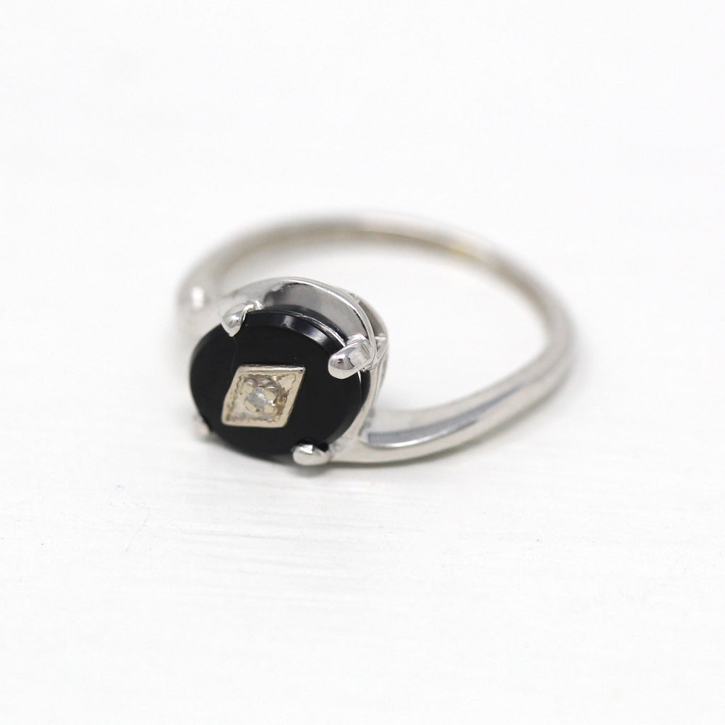 Vintage Onyx Ring - Retro 10k White Gold Genuine Diamond & Black Oval Gemstone - Circa 1950s Size 6.5 Modernist Bypass Style Fine Jewelry