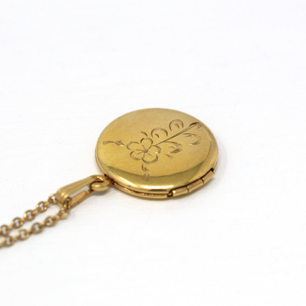 Vintage Flower Locket - Retro 12k Gold Filled Round Engraved Necklace Pendant - Circa 1960s Era Statement Keepsake Photo Ballou 60s Jewelry