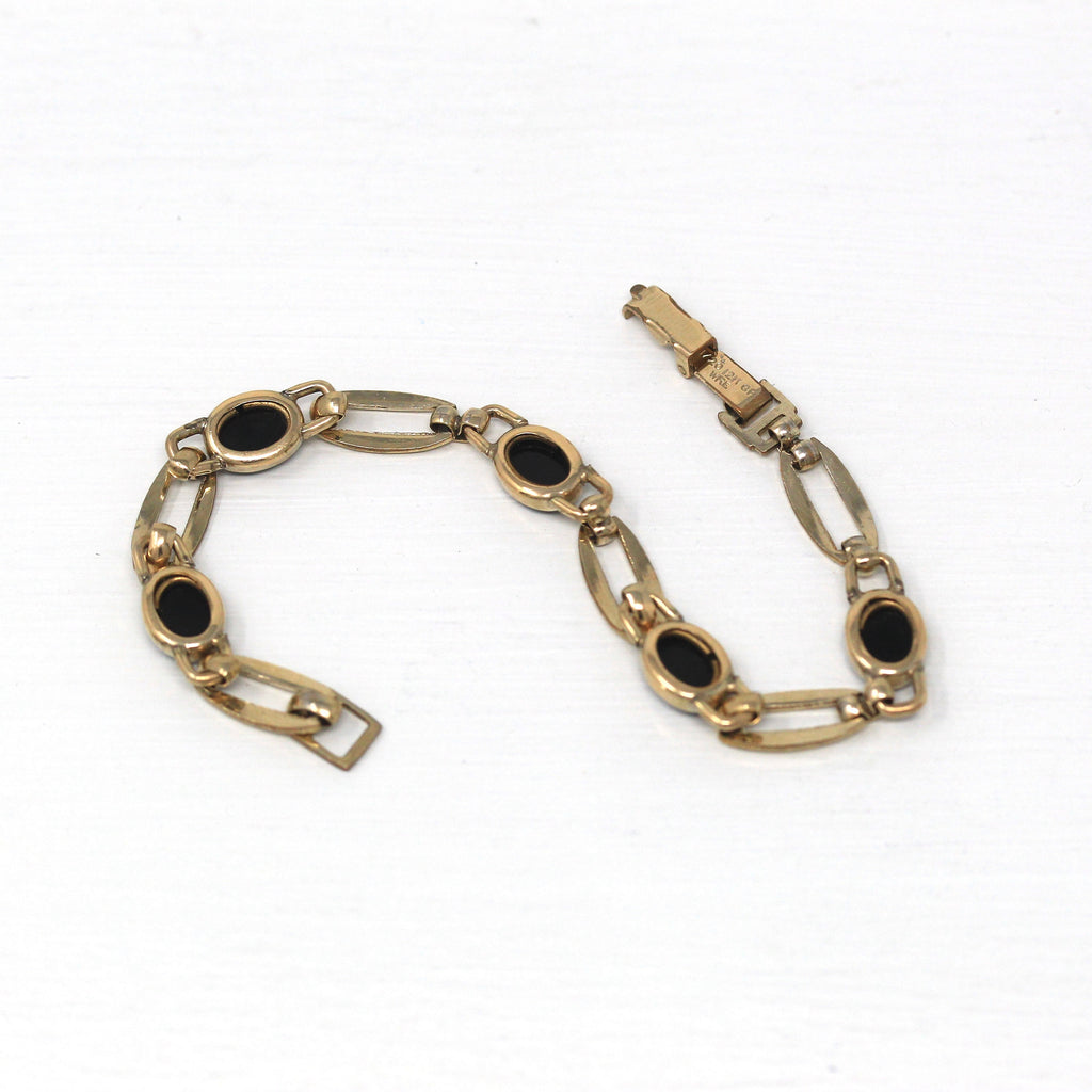 Vintage Onyx Bracelet - Retro 12k Gold Filled Genuine Oval Black Gemstones Panel - Circa 1960s Era 7 1/4 Inches Statement 60s Gem Jewelry