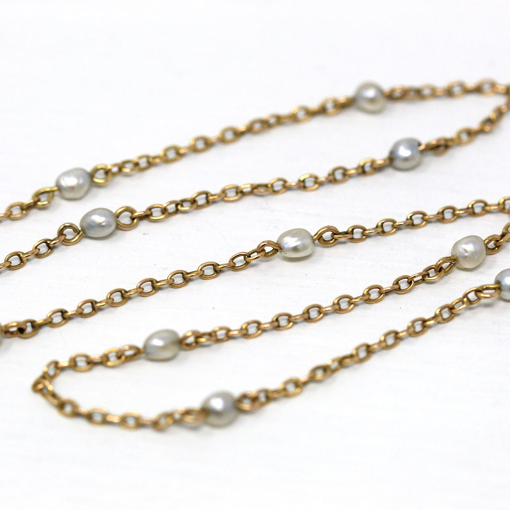 Cultured Pearl Necklace - Retro 14k Yellow Gold Stationary Dainty Cable Link - Vintage Circa 1970s Organic Gem 15 Inch Fine Choker Jewelry