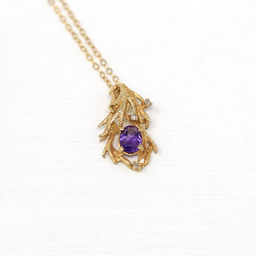 Amethyst & Diamond Pendant - Vintage 10k Yellow Gold Oval .64 CT Purple Gemstone - Retro Circa 1970s Era February Birthstone Fine Jewelry