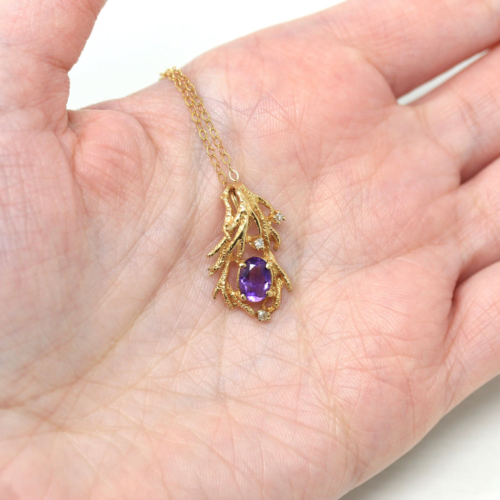 Amethyst & Diamond Pendant - Vintage 10k Yellow Gold Oval .64 CT Purple Gemstone - Retro Circa 1970s Era February Birthstone Fine Jewelry