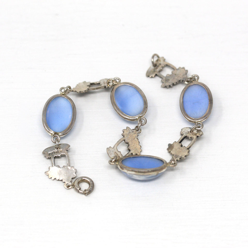 Simulated Moonstone Bracelet - Retro Sterling Oval Cabochon Cut Blue Glass Palm Tree - Vintage Circa 1940s Era Fashion Accessory 40s Jewelry