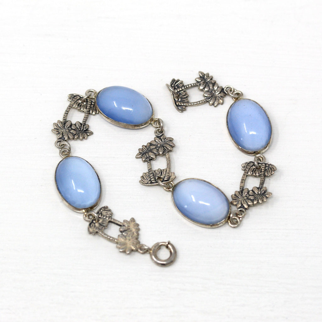 Simulated Moonstone Bracelet - Retro Sterling Oval Cabochon Cut Blue Glass Palm Tree - Vintage Circa 1940s Era Fashion Accessory 40s Jewelry