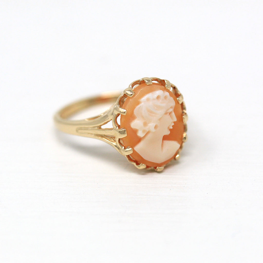 Vintage Cameo Ring - Retro 10k Yellow Gold Carved Shell Womans Profile Silhouette - Circa 1960s Size 6 1/4 Statement New Old Stock Jewelry