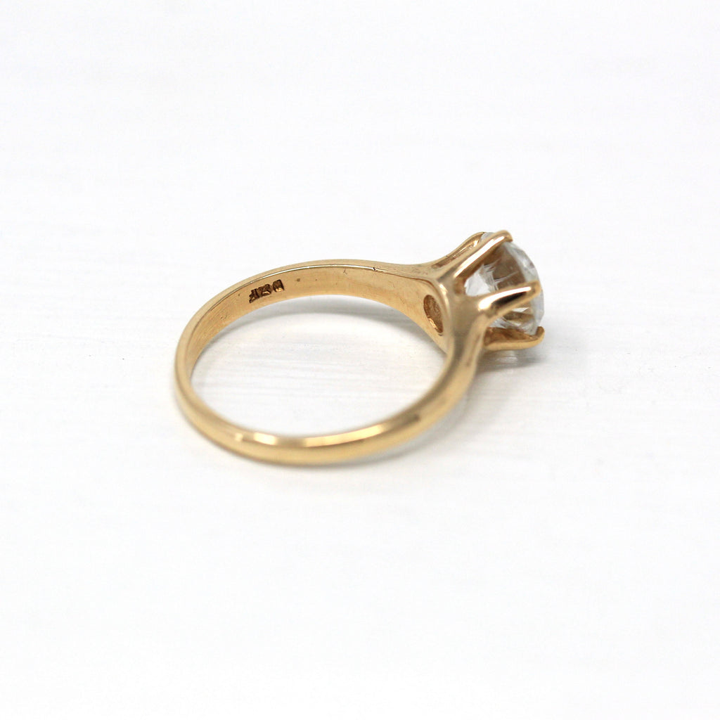 Genuine White Zircon Ring - Retro 10k Yellow Gold Round Faceted 1.80 CT Gemstone - Vintage Circa 1940s Era Size 4 3/4 Solitaire Fine Jewelry