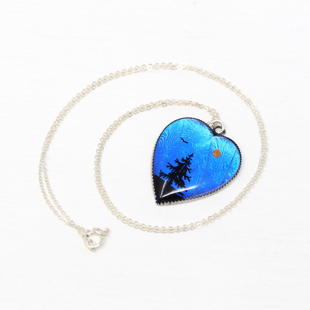 Morpho Butterfly Pendant - Art Deco Sterling Silver Blue Wing Heart Necklace - Vintage Circa 1930s Era Pine Tree Bird Souvenir Gift Jewelry
