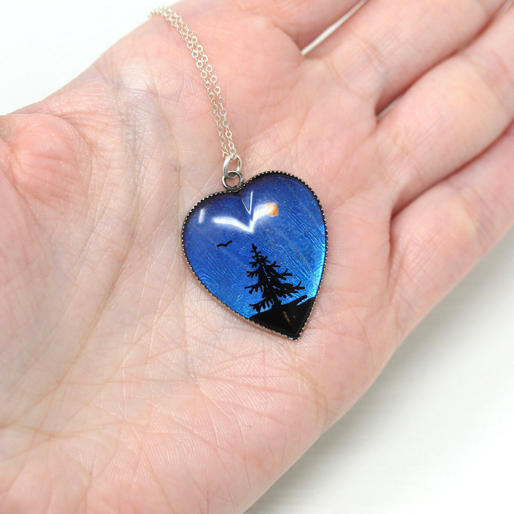 Morpho Butterfly Pendant - Art Deco Sterling Silver Blue Wing Heart Necklace - Vintage Circa 1930s Era Pine Tree Bird Souvenir Gift Jewelry