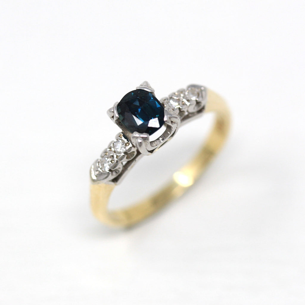 Sapphire Engagement Ring - Mid Century 14k Yellow & White Gold Genuine .57 CT Blue Gem - Vintage Circa 1950s Size 6 Fine Jewelry With Report