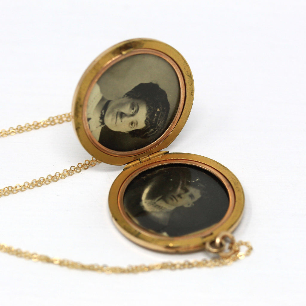 Edwardian Era Locket - Antique Gold Filled Woman Rhinestone Pendant Necklace - Circa 1910s Era Statement Keepsake Original Photos Jewelry