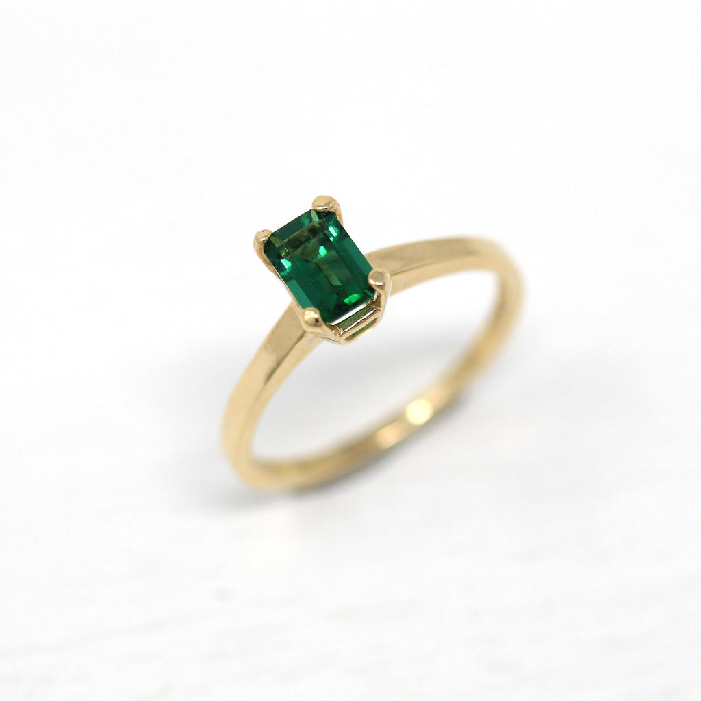 Simulated Emerald Ring - Retro 14k Yellow Gold Green Glass Stone Classic Solitaire - Vintage Circa 1960s Size 5.5 Timeless Fine 60s Jewelry