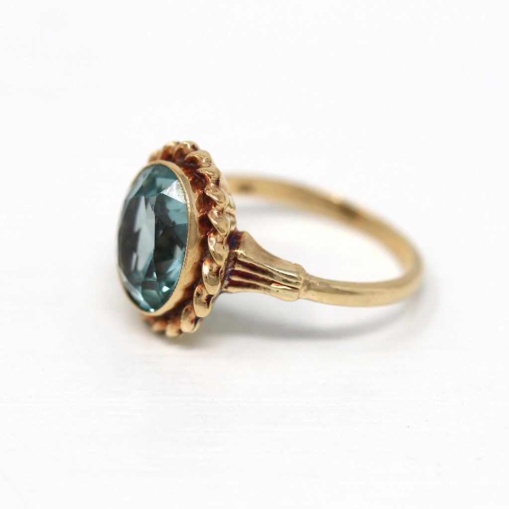 Created Spinel Ring - Retro 10k Yellow Gold Oval Faceted 3.28 CT Seafoam Green Teal Blue - Vintage Circa 1940s Era Size 5 1/4 Fine Jewelry