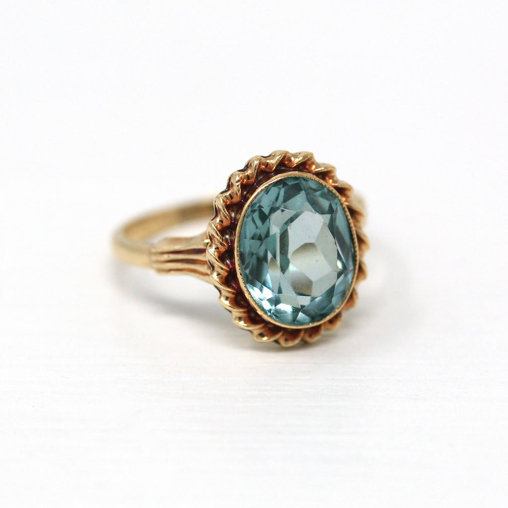 Created Spinel Ring - Retro 10k Yellow Gold Oval Faceted 3.28 CT Seafoam Green Teal Blue - Vintage Circa 1940s Era Size 5 1/4 Fine Jewelry