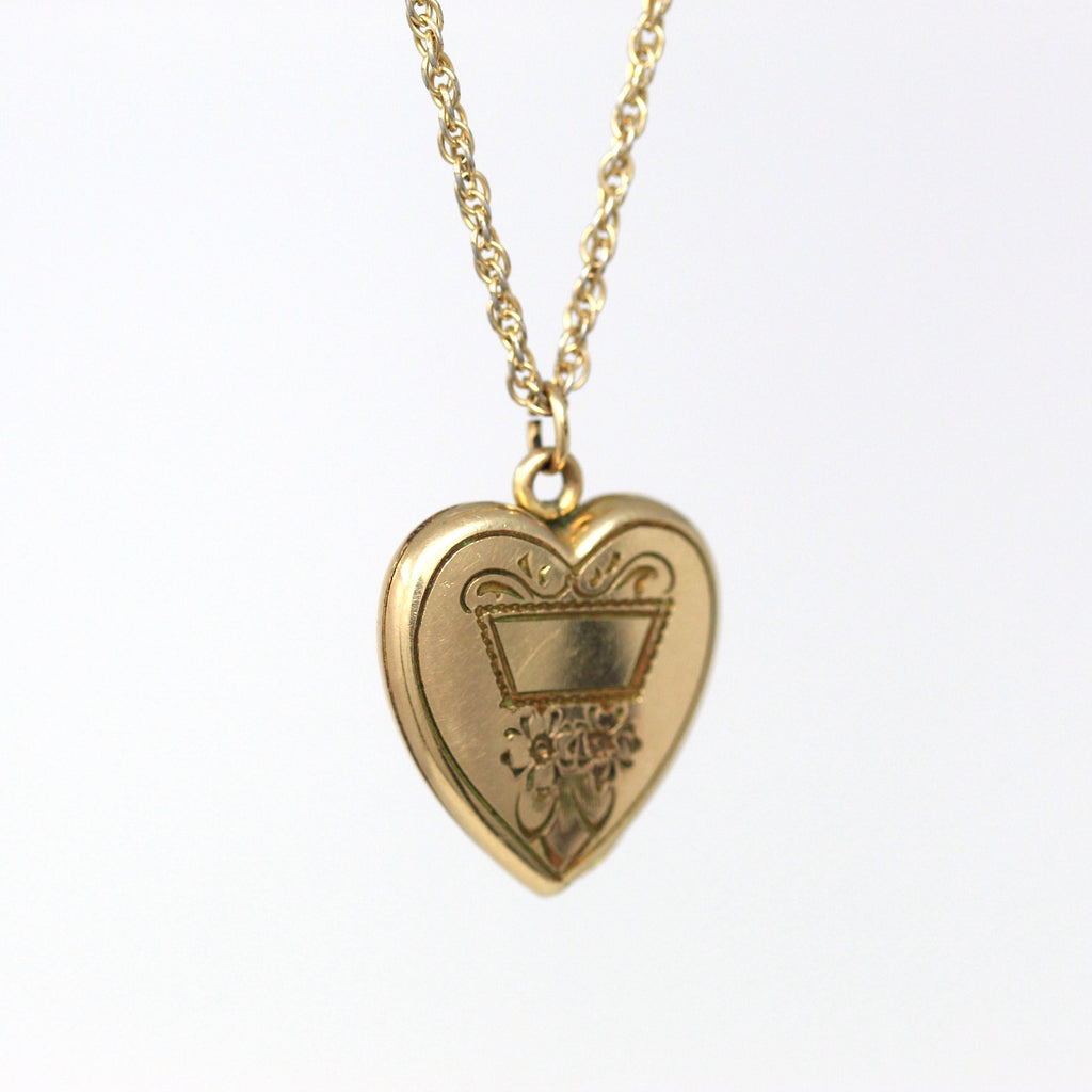 Vintage Heart Locket - Retro Gold Filled Engraved Flowers Designs Pendant Necklace - Circa 1940s Era Keepsake Photograph Charm 40s Jewelry