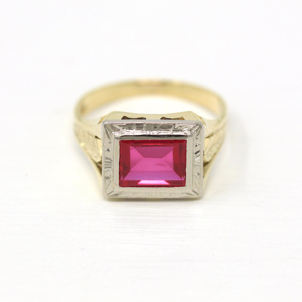 Created Ruby Ring - Vintage Retro Era 10k Yellow & White Gold 2.7 CT Pink Red Stone - Circa 1940s Size 9.5 Signet Style Unisex Fine Jewelry