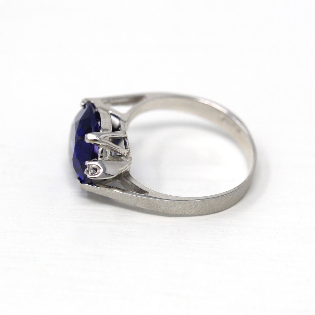 Created Blue Sapphire Ring - Retro Era 10k White Gold Oval Faceted 4 CT Stone - Vintage Circa 1960s Size 5.5 Bypass Setting Fine 60s Jewelry