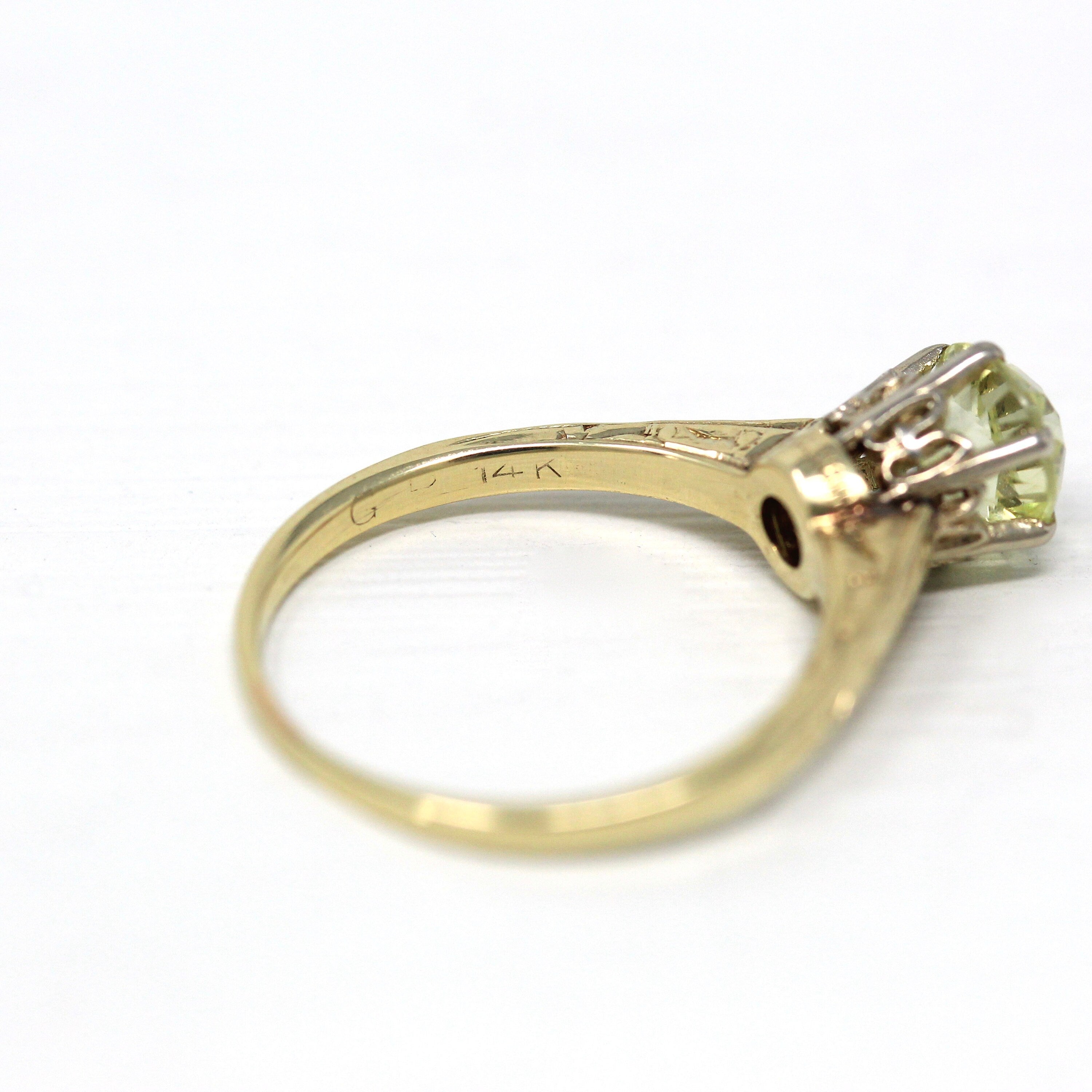 Vintage Engagement Ring - 14k Yellow & White Gold Created 1 CT Yellow Sapphire Solitaire - 1930s Size 5.25 Art Deco Fine Engagement Jewelry