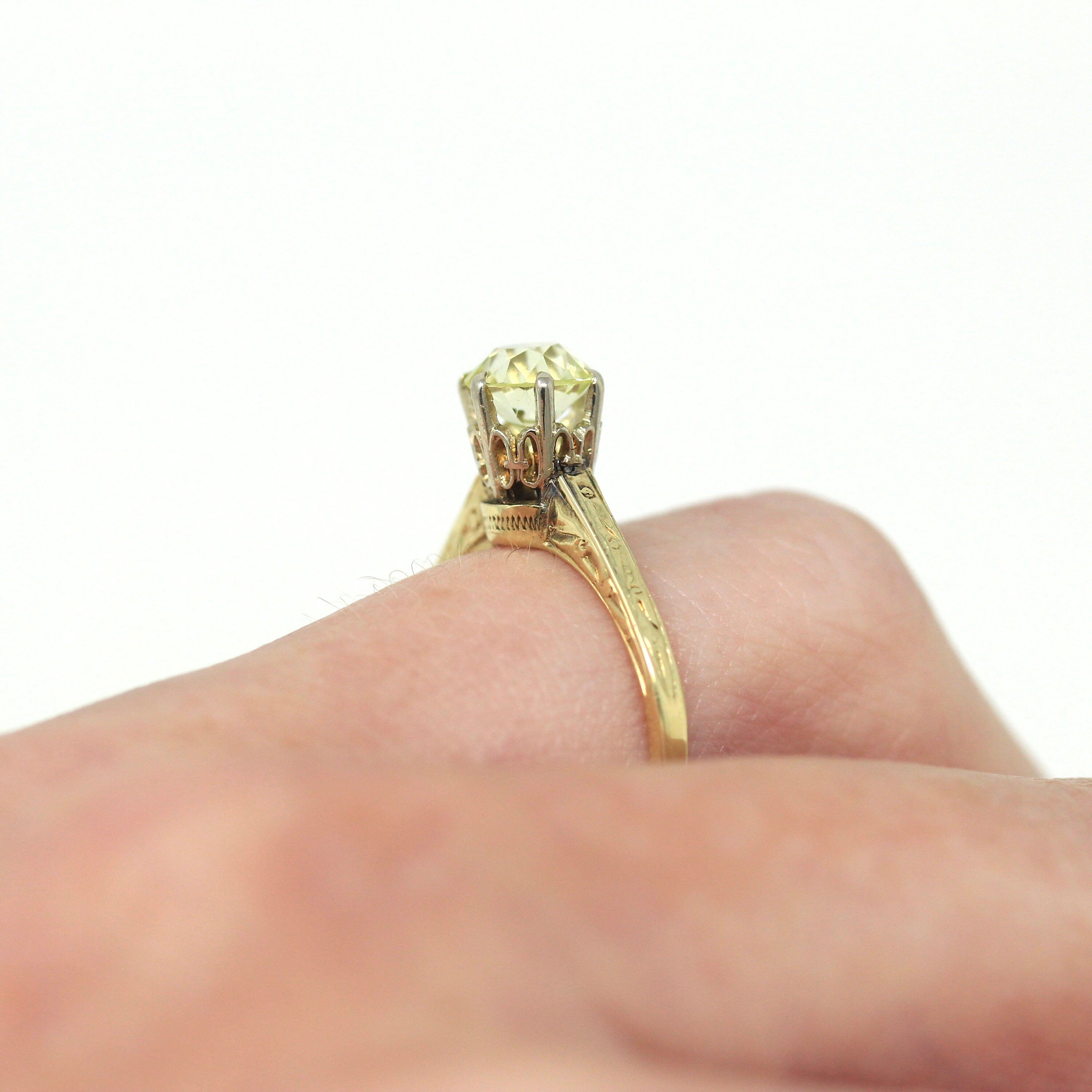 Vintage Engagement Ring - 14k Yellow & White Gold Created 1 CT Yellow Sapphire Solitaire - 1930s Size 5.25 Art Deco Fine Engagement Jewelry
