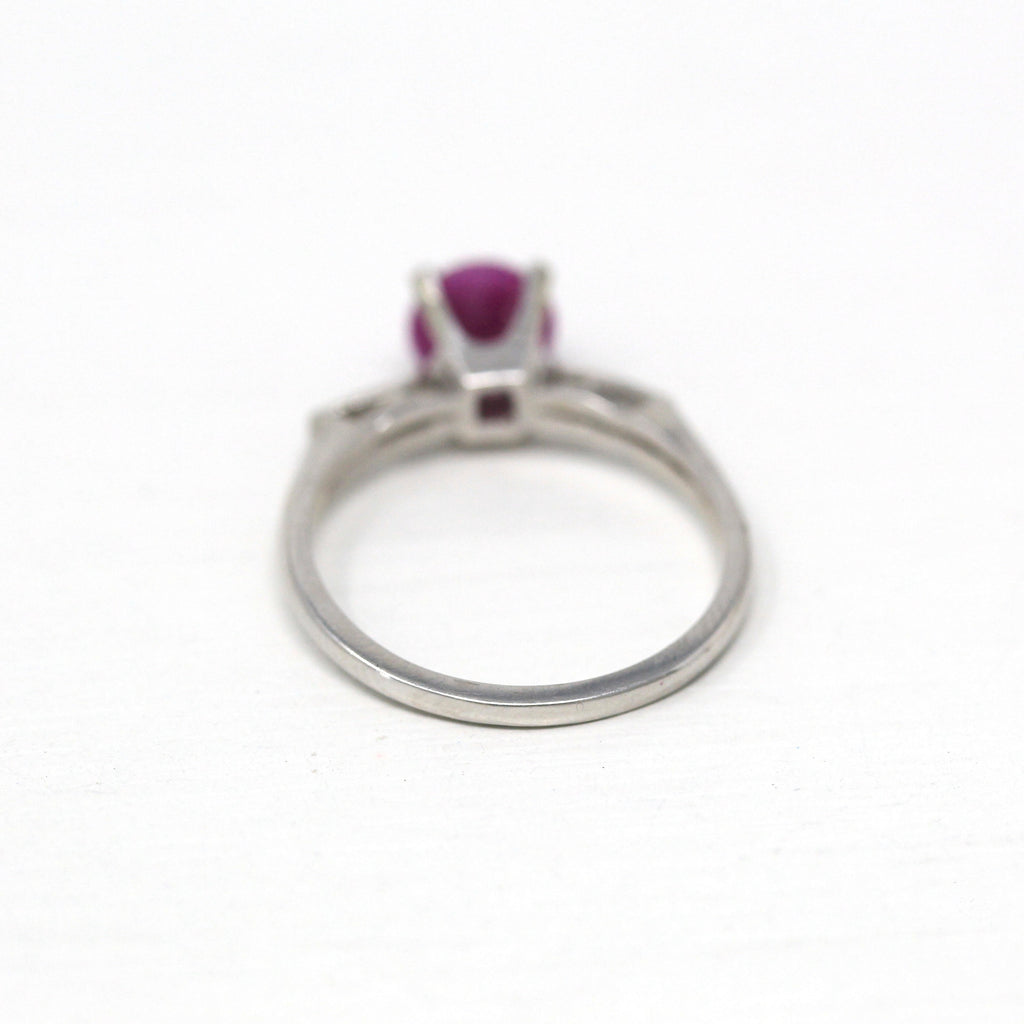 Created Star Ruby Ring - Vintage 14k White Gold 1.12 CT Pink Asterism Cabochon Stone Solitaire - Retro Circa 1960s Size 5.5 Fine 60s Jewelry