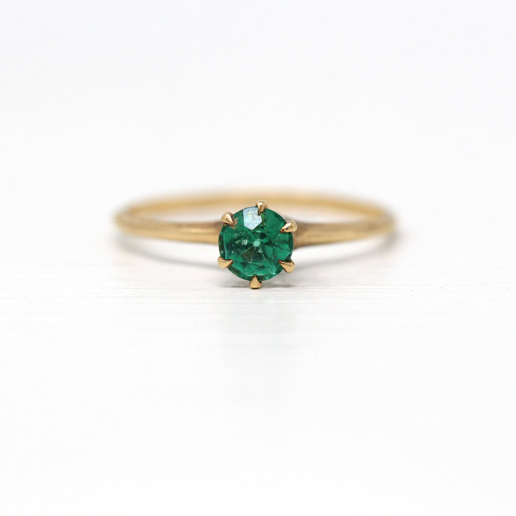 Simulated Emerald Ring - Edwardian Era 10k Yellow Gold Round Green Stone Solitaire Setting - Vintage Circa 1910s Size 7.25 Fine Jewelry