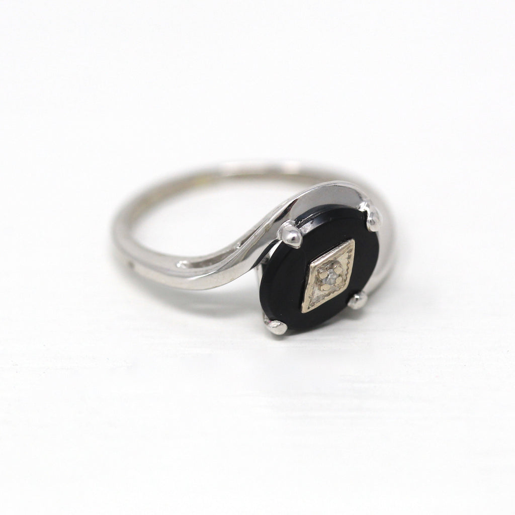 Vintage Onyx Ring - Retro 10k White Gold Genuine Diamond & Black Oval Gemstone - Circa 1950s Size 6.5 Modernist Bypass Style Fine Jewelry