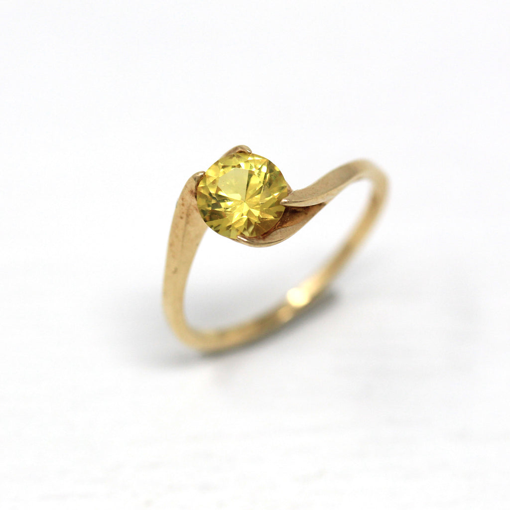Created Yellow Sapphire Ring - Vintage 10k Yellow Gold Round Faceted 1 CT Stone - Retro Circa 1960s Size 5.75 Bypass Setting Fine Jewelry